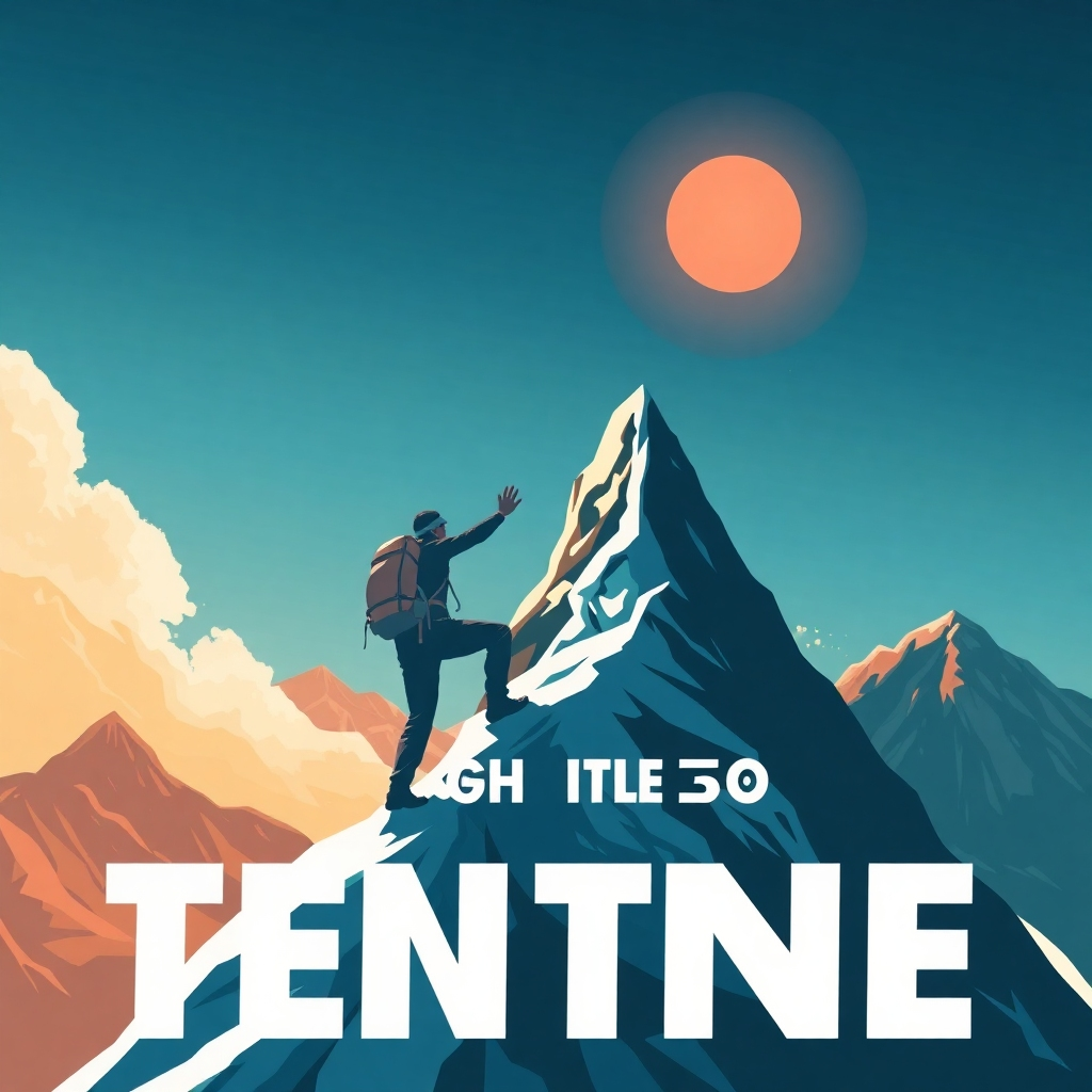 Stylized image of a mountain climber reaching a summit, showing progress and overcoming challenges. The color palette is inspiring, and dynamic, creating a sense of movement and effort. The camera angle is from a distance, capturing the scale of the achievement. The environment is majestic, emphasizing both triumph and determination. Style references: motivational poster