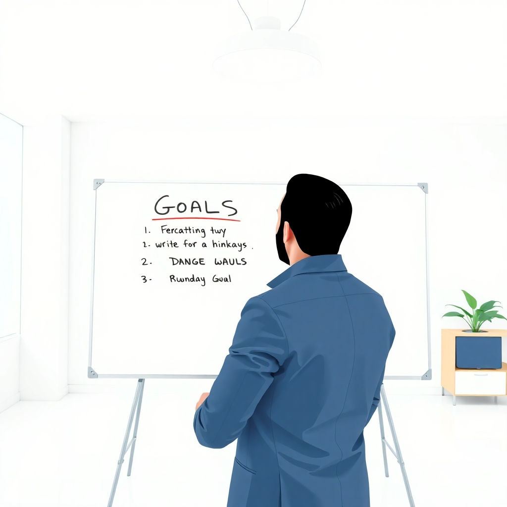 Stylized image of a person writing goals on a whiteboard. The setting is a bright, clean, modern office. Color palette is sharp, clean. Camera angle is from a slightly elevated perspective. Lighting is focused and professional. Textures are smooth, professional. Environment is organized, professional. Style references: minimalist design