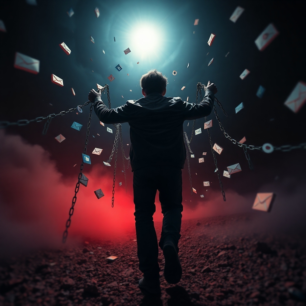 Surreal image of a person breaking free from chains made of distractions like social media icons and emails, moving towards a bright light in the distance. Color palette is dark and intense, with the light being a bright, positive beacon. Camera angle: low, looking up. Lighting is dramatic. Textures are sharp, detailed. Environment is surreal, abstract.  Style references: surrealism