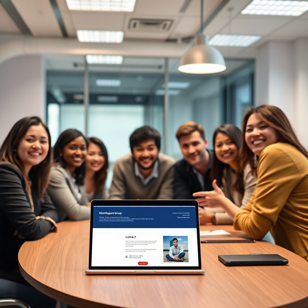 A brightly lit, modern office space with a friendly, diverse team collaborating around a table. The focus should be on a laptop screen displaying the Khoi Nguyen Group website contact page. The lighting should be professional and inviting. 4K resolution.