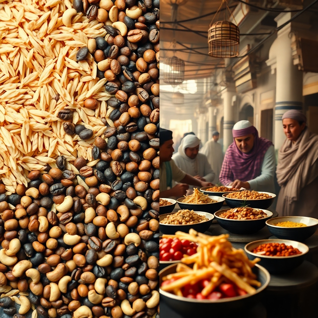 A photorealistic image that embodies Khoi Nguyen Group's mission. The scene should feature a split composition. On one side, depict a close-up of meticulously sorted, high-quality Vietnamese agricultural products (rice grains, coffee beans, peppercorns, cashews) arranged artfully. On the other side, present a warm and inviting scene of a Middle Eastern marketplace with people enjoying these products in traditional dishes. The lighting should be soft and natural, emphasizing the textures and colors of the products. The camera angle should be slightly elevated, offering a comprehensive view of both scenes. The color palette should be rich and earthy, reflecting the natural origins of the products and the cultural richness of the Middle East. The style is photorealistic with a touch of warmth and authenticity. 4K resolution, ensuring crisp details.