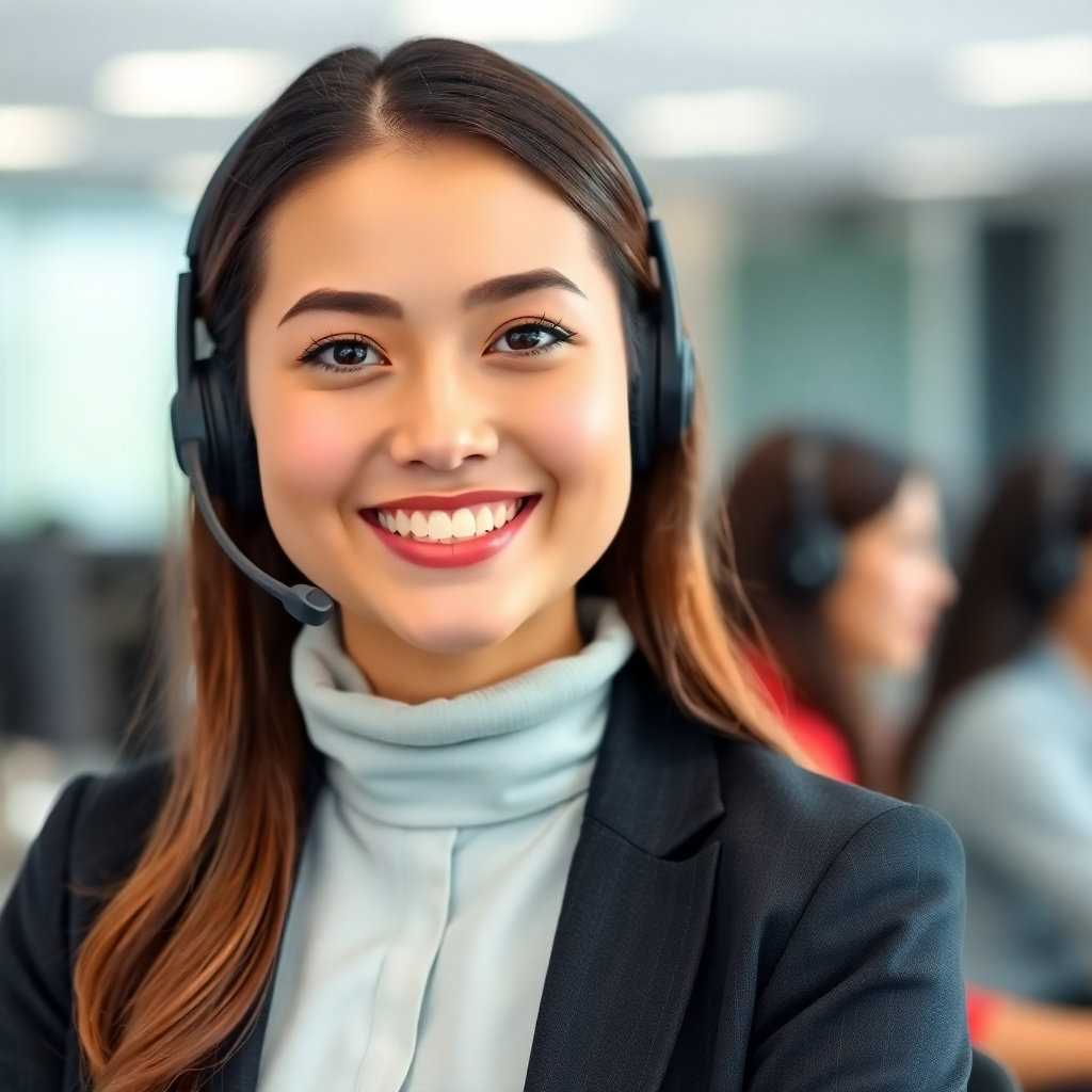A professional customer service representative wearing a headset and smiling warmly at the camera. The background should be a blurred image of a call center. The lighting should be soft and flattering. 4K resolution.
