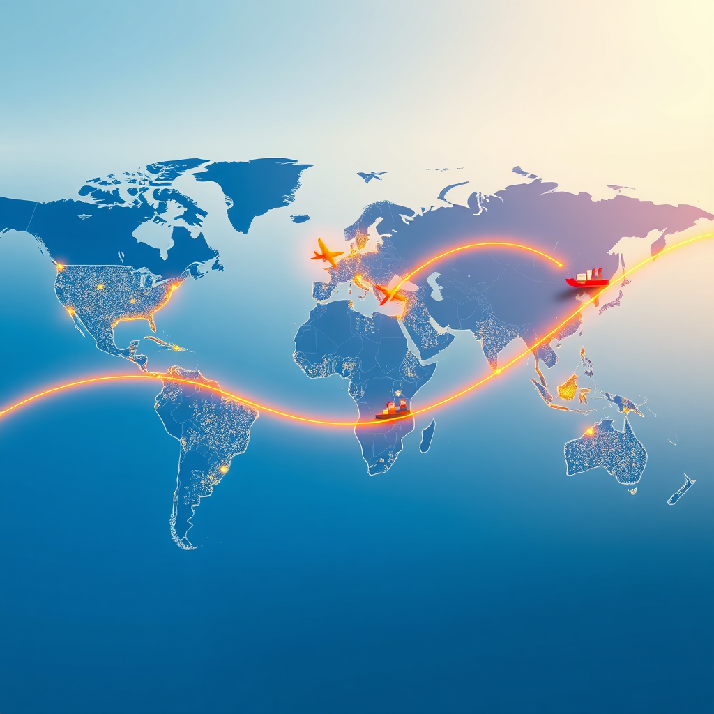 Create a 4K resolution, high-quality image representing the core mission of GOLD STREAM LOGISTICS CO., LTD. Depict a stylized world map interconnected by glowing lines representing shipping routes. At key points on the map, showcase miniature representations of different modes of transport - ships, planes, and trucks - seamlessly moving cargo. The color palette should be predominantly blue and gold, symbolizing trust and value. The background should be a soft, gradient sky. The overall feel should be modern, clean, and trustworthy, conveying the company's global reach and commitment to efficient logistics solutions. A subtle, abstract representation of a golden stream weaving through the map would further reinforce the brand identity.