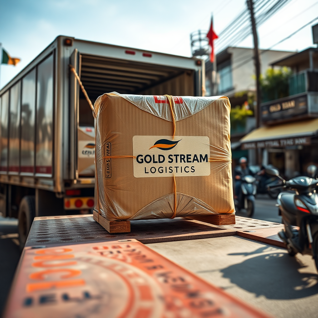 Create a photorealistic image of a package being carefully loaded onto a truck in Vietnam, ready for international shipping. The package should be securely wrapped and labeled with the GOLD STREAM LOGISTICS logo. The lighting should be bright and positive, conveying a sense of trust and efficiency. The background should depict a typical Vietnamese street scene, adding a touch of local flavor. Style: Trustworthy and efficient.