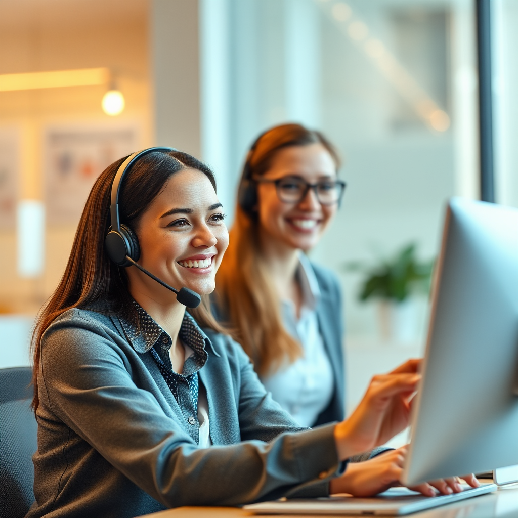 Create a photorealistic image of a friendly and helpful customer service representative assisting a client on the phone. The representative should be smiling and engaged, conveying a sense of empathy and support. The background should be a clean and professional office environment. The lighting should be warm and inviting, creating a comfortable and trustworthy atmosphere. Style: Approachable and supportive.