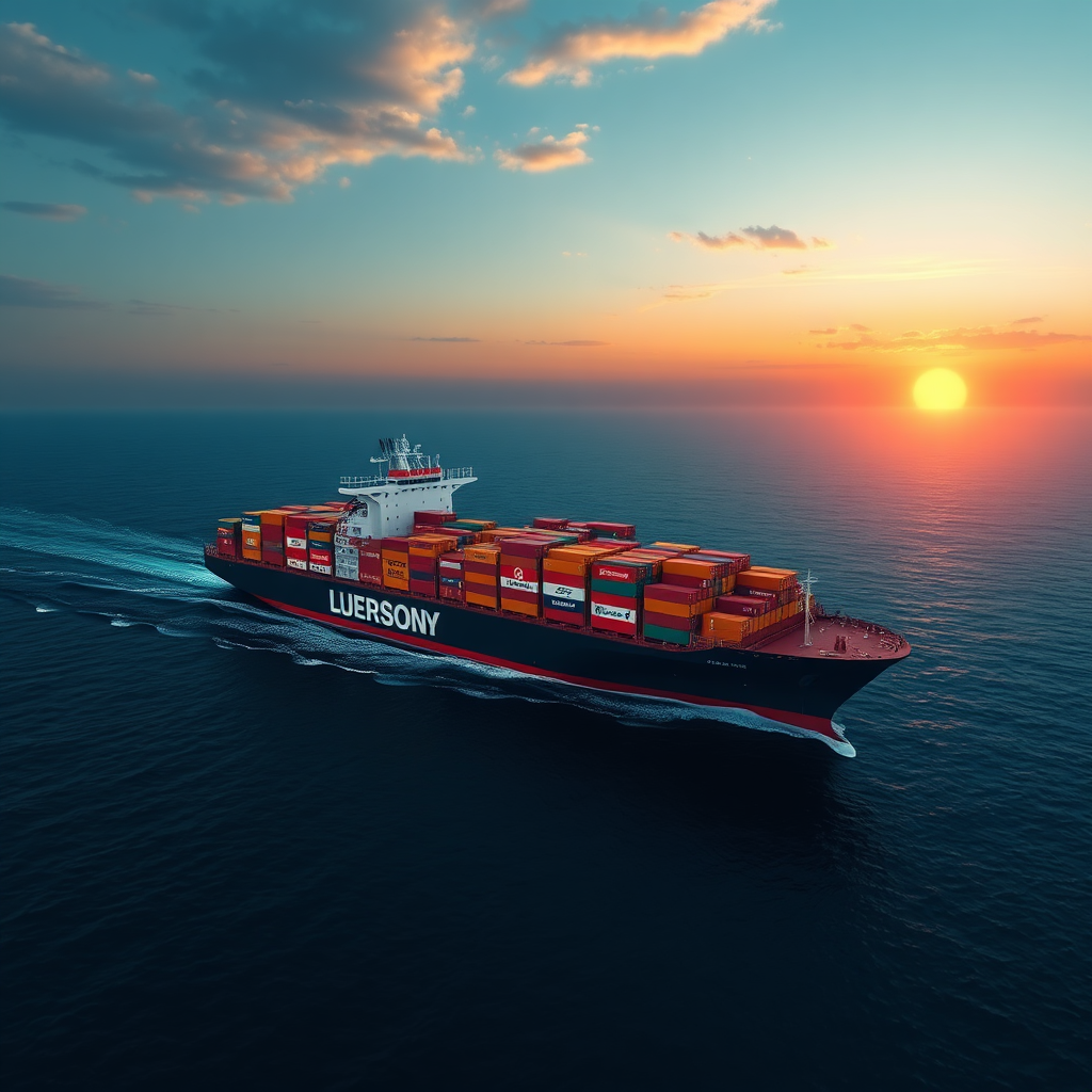 Create a photorealistic image of a massive container ship sailing on a calm, deep blue ocean. The ship should be loaded with containers displaying various international logos. In the distance, a vibrant sunset adds a touch of drama and grandeur. The lighting should highlight the scale of the ship and the vastness of the ocean, conveying stability and global reach. Style: Majestic and dependable.