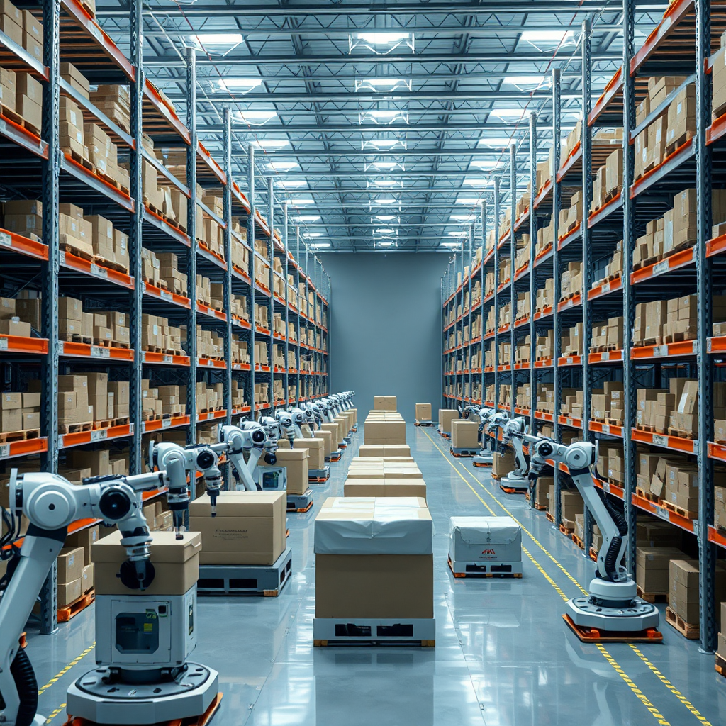 Create a photorealistic image of a highly organized warehouse with robots efficiently moving goods. The lighting should be bright and even, highlighting the cleanliness and orderliness of the facility. The image should convey efficiency and technological advancement, showcasing the optimized nature of the supply chain. Style: Modern and automated.