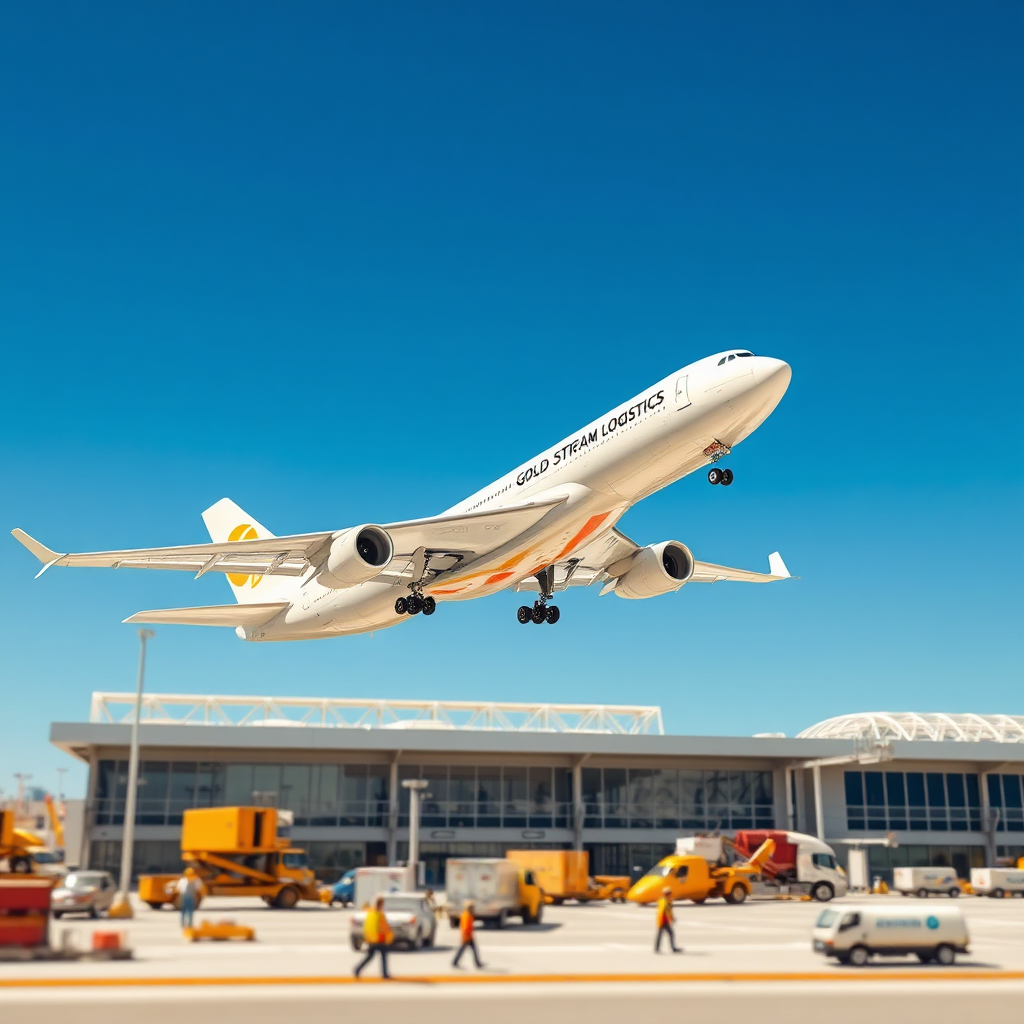 Create a photorealistic image of a cargo plane soaring through a clear blue sky. The plane should be carrying the GOLD STREAM LOGISTICS logo prominently. Below, depict a miniature representation of a bustling airport with ground crews efficiently loading and unloading cargo. The lighting should be bright and optimistic, conveying speed and reliability. Focus on the details of the aircraft and the surrounding environment to create a sense of realism. Style: Modern and dynamic.