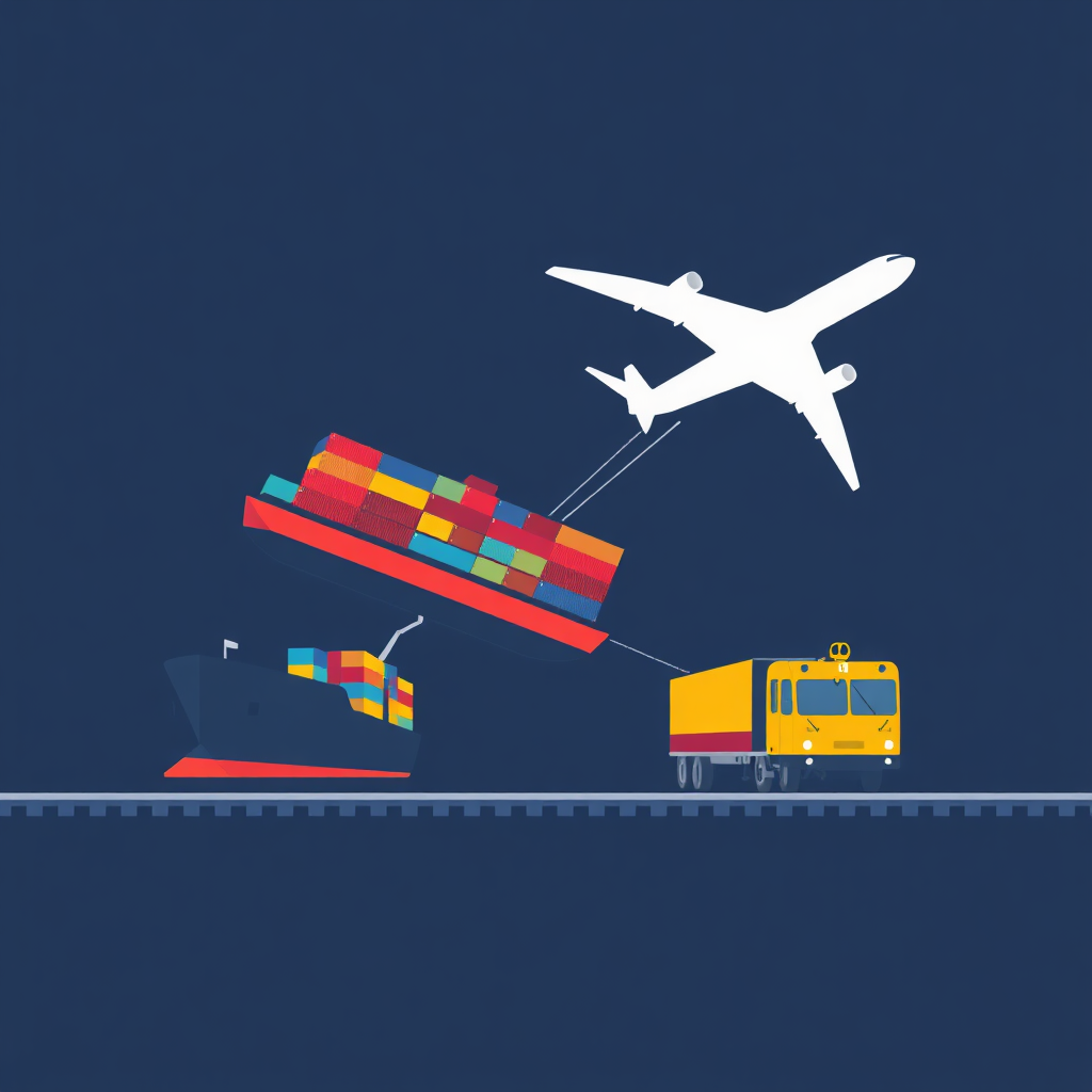 Create a stylized image depicting the seamless integration of different modes of transport. Show a cargo plane smoothly transitioning into a container ship, which then connects to a freight train on land. The transitions should be fluid and visually appealing, highlighting the coordinated nature of multimodal transport. The color palette should be bright and dynamic, conveying efficiency and innovation. Style: Abstract and interconnected.