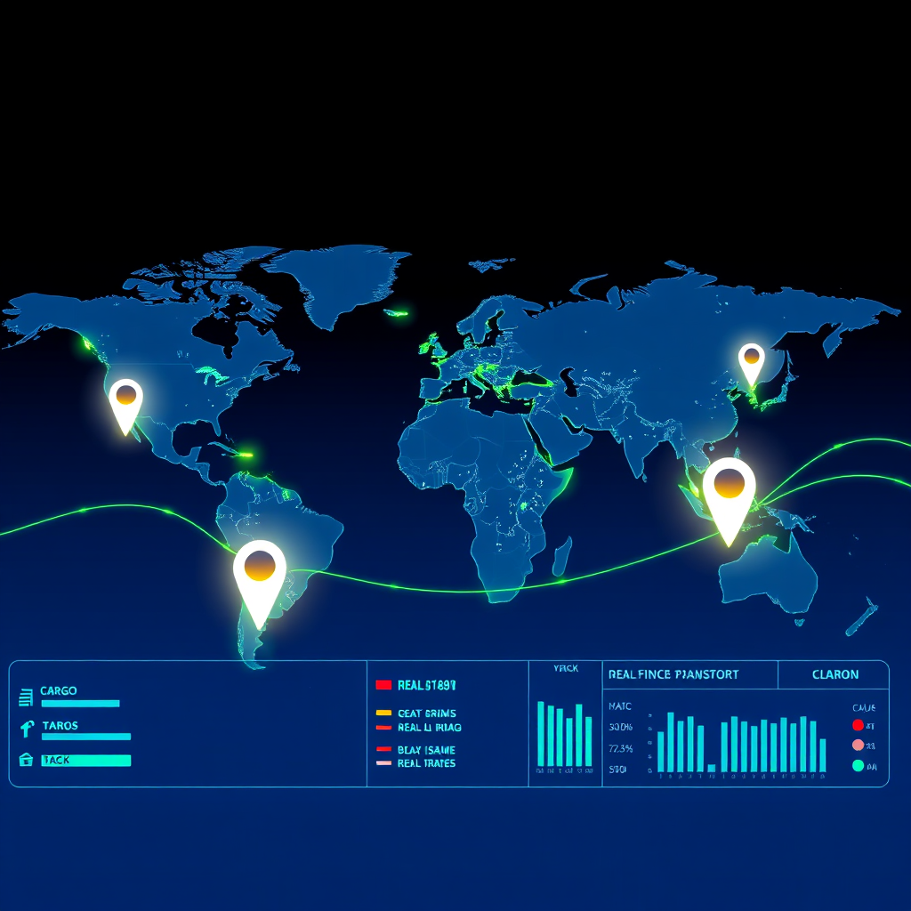 Create a stylized image of a digital dashboard displaying a map of the world with glowing lines representing shipping routes. Pinpoint locations should show real-time updates on cargo movement. The color palette should be predominantly blue and green, conveying technology and efficiency. The overall design should be clean and modern, emphasizing the user-friendly nature of the tracking system. Style: Futuristic and informative.