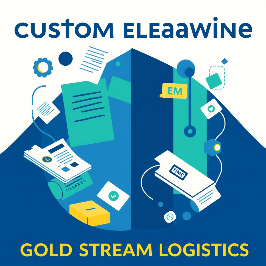 Create a stylized image representing the complexities of customs clearance. Use abstract shapes and lines to depict paperwork and regulations, but arrange them in a way that conveys order and control. The color palette should be professional and trustworthy, with blues and greens dominating the scene. The overall message should be that GOLD STREAM LOGISTICS simplifies complex processes. Style: Abstract and authoritative.