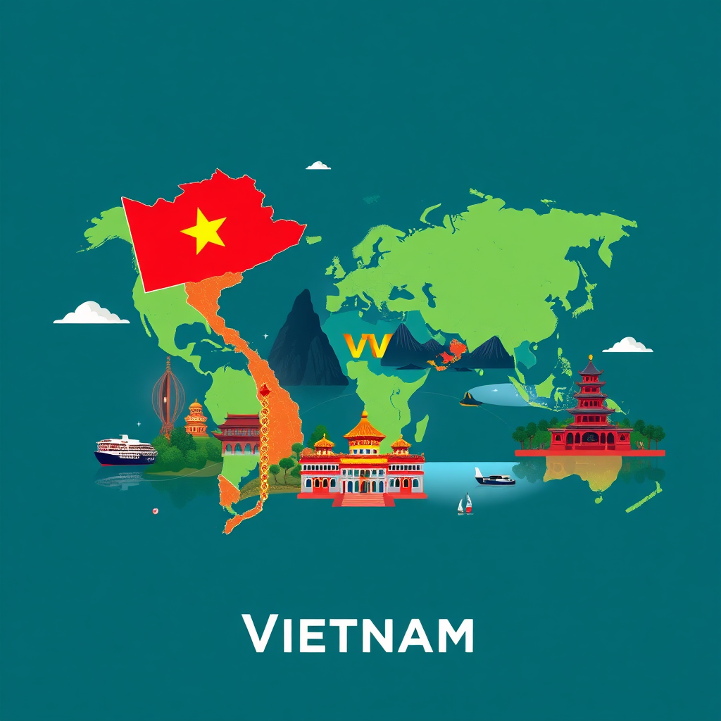 Create a stylized image that combines iconic Vietnamese landmarks (e.g., Ha Long Bay, Hoan Kiem Lake) with a world map. The landmarks should be seamlessly integrated into the map, symbolizing the connection between local expertise and global reach. The color palette should be vibrant and cultural, showcasing the beauty of Vietnam. Style: Cultural and interconnected.