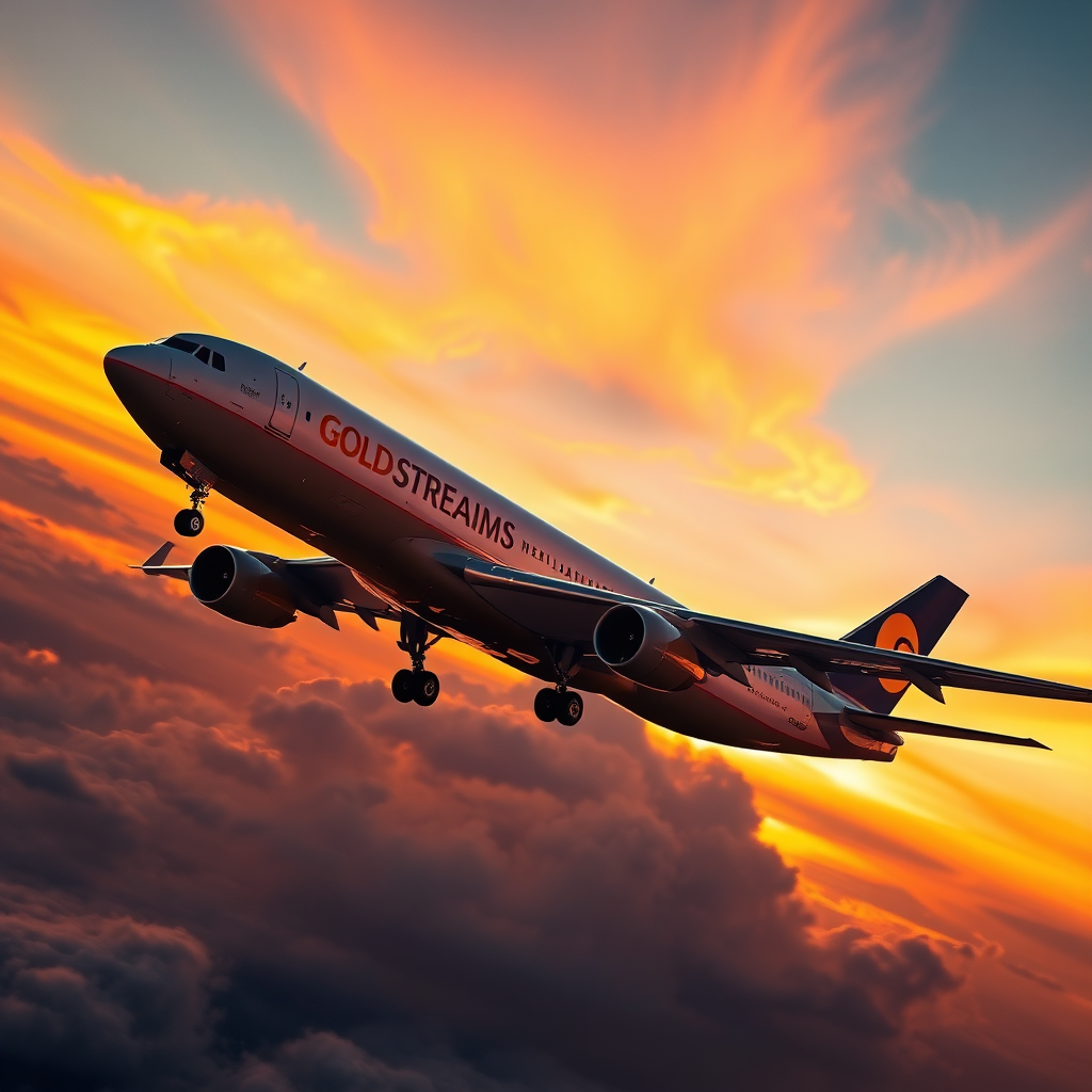 Create an image showcasing a cargo plane taking off into a vibrant sunset sky. The plane should have subtle branding elements of GOLD STREAM LOGISTICS. Focus on the feeling of speed and reliability.