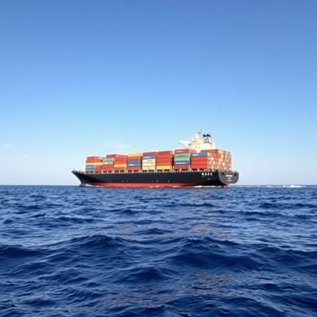 Depict a large container ship sailing across a calm ocean under a bright blue sky. The ship should be loaded with various shipping containers, hinting at global trade.
