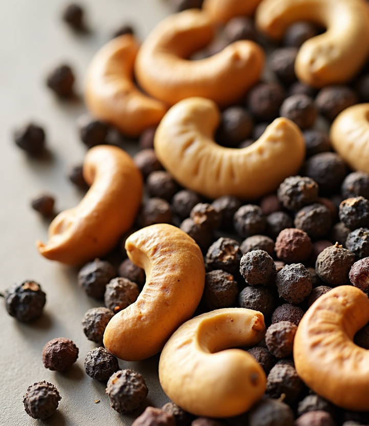 A stylized overhead shot of fresh peppercorns. The lighting should be vibrant and emphasizing the rich color. Use shallow depth of field. Style is a blend of rustic and modern. 4K resolution.