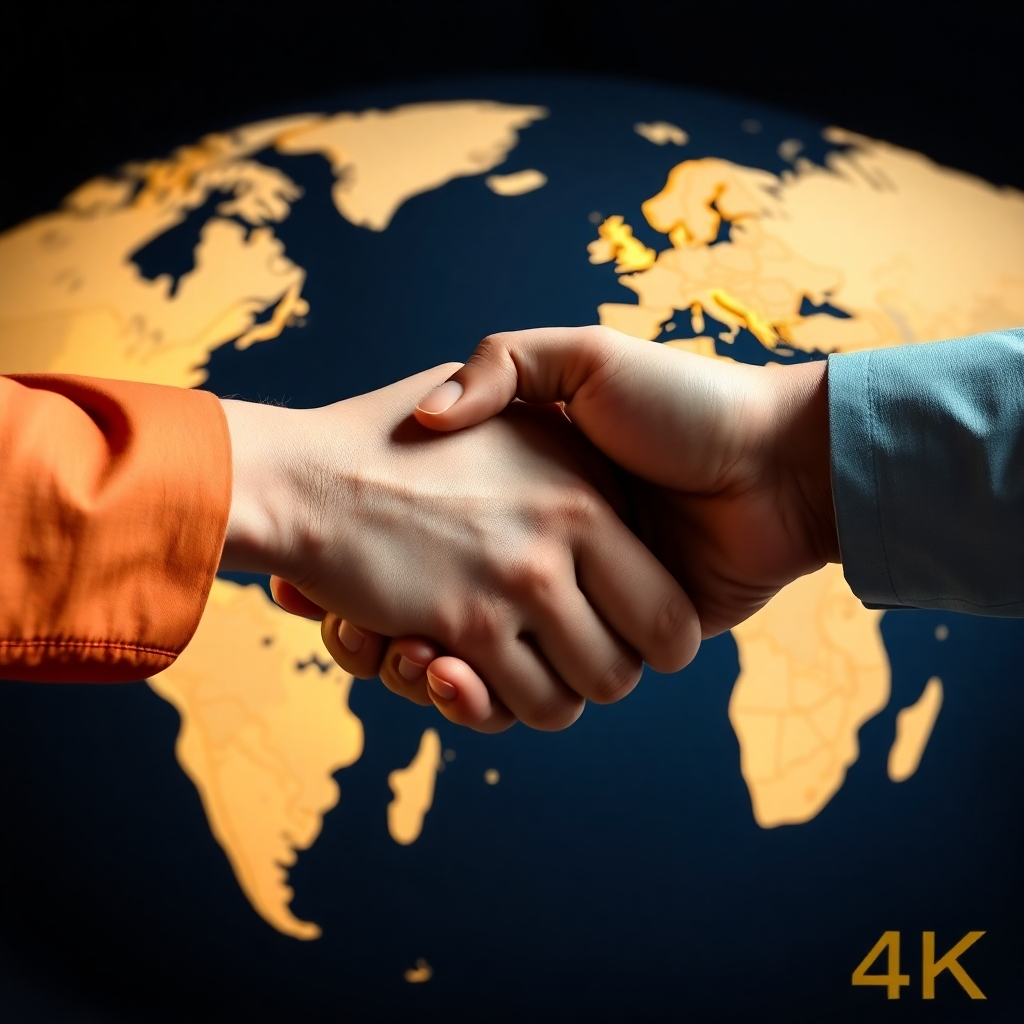 Two hands shaking firmly over a world map, symbolizing a global partnership. The map should be highlighted to show the locations of Vietnam and the Middle East. The lighting should be dramatic and symbolic. 4K resolution.