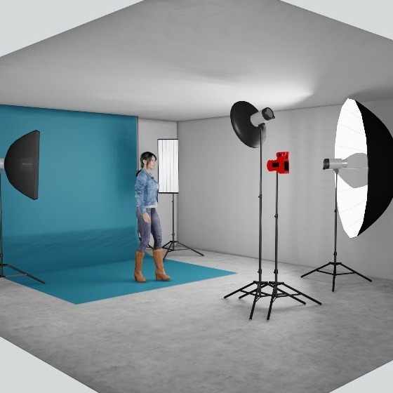 An artistic shot of a photography setup featuring a softbox and umbrellas diffusing strobe light around a model. The model is posing gracefully, with soft, glowing skin tones and a serene expression, showcasing the soft light effect.