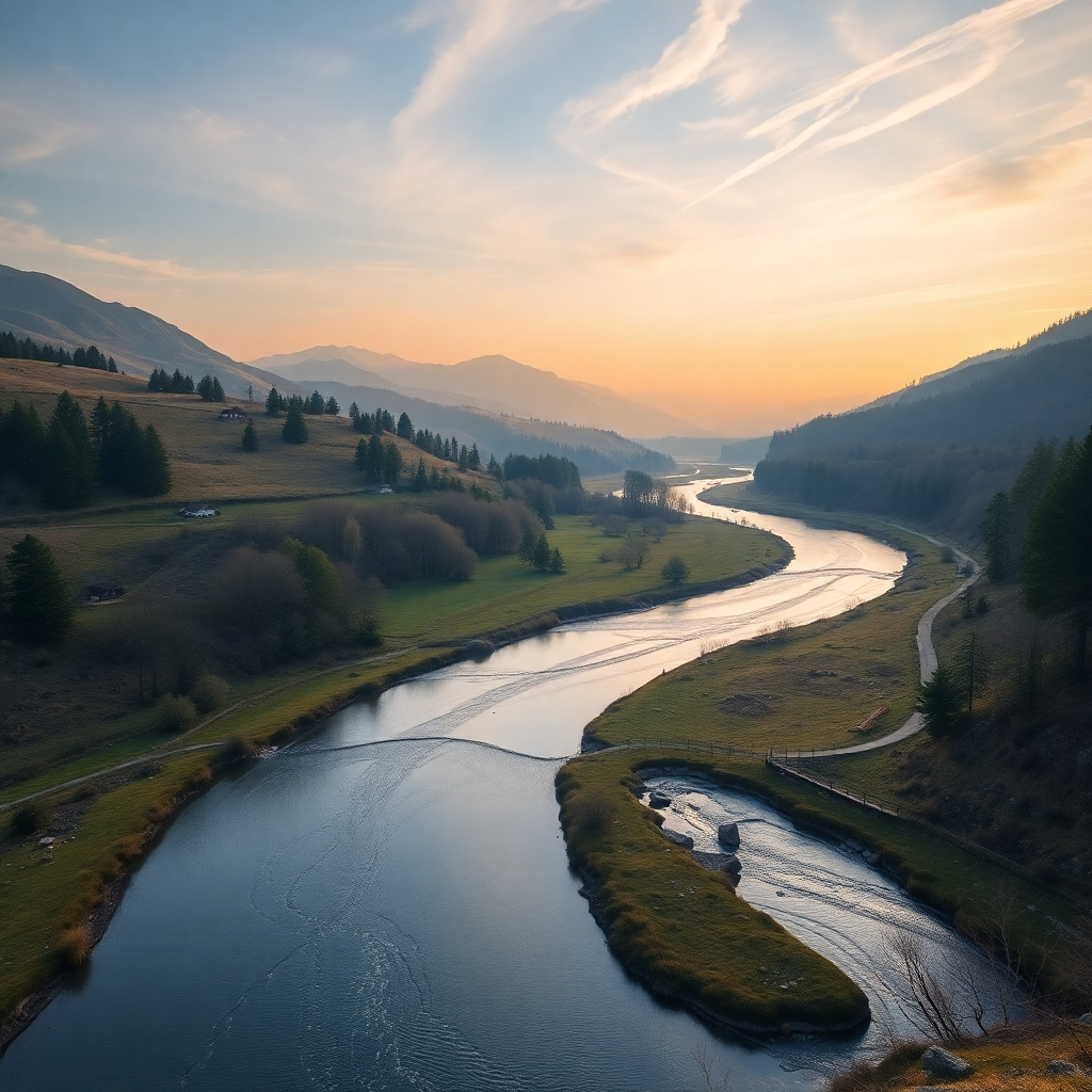 A beautifully composed landscape photo featuring the rule of thirds in action. A winding river leads the viewer's eye through the scene, with distinct foreground, middle-ground, and background elements, highlighting harmonious composition techniques.