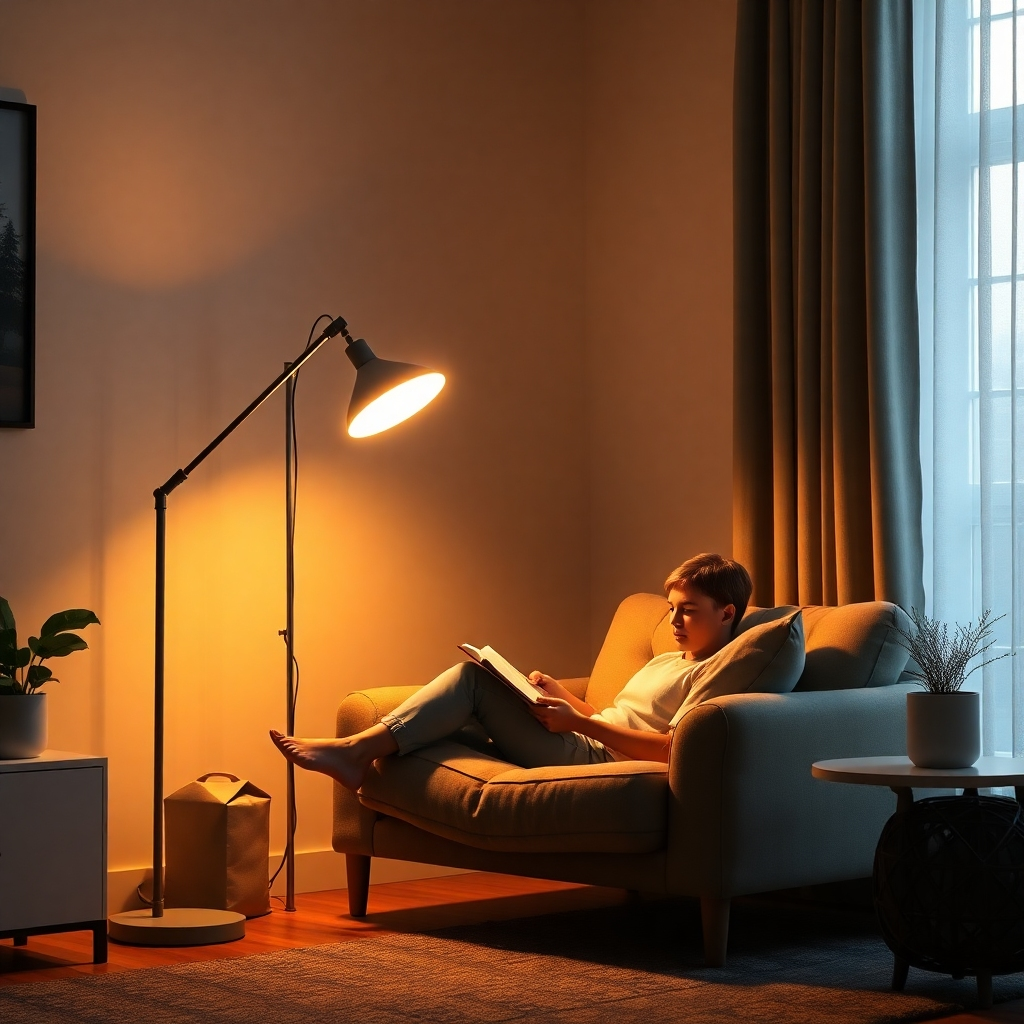 A beautifully lit living room scene featuring a stylish LED floor lamp illuminating a comfortable reading nook.  A person is shown relaxing and reading a book in a soft, warm light cast by the LED lamp. The overall ambiance should be calm and inviting. The style should be photorealistic and high-quality.