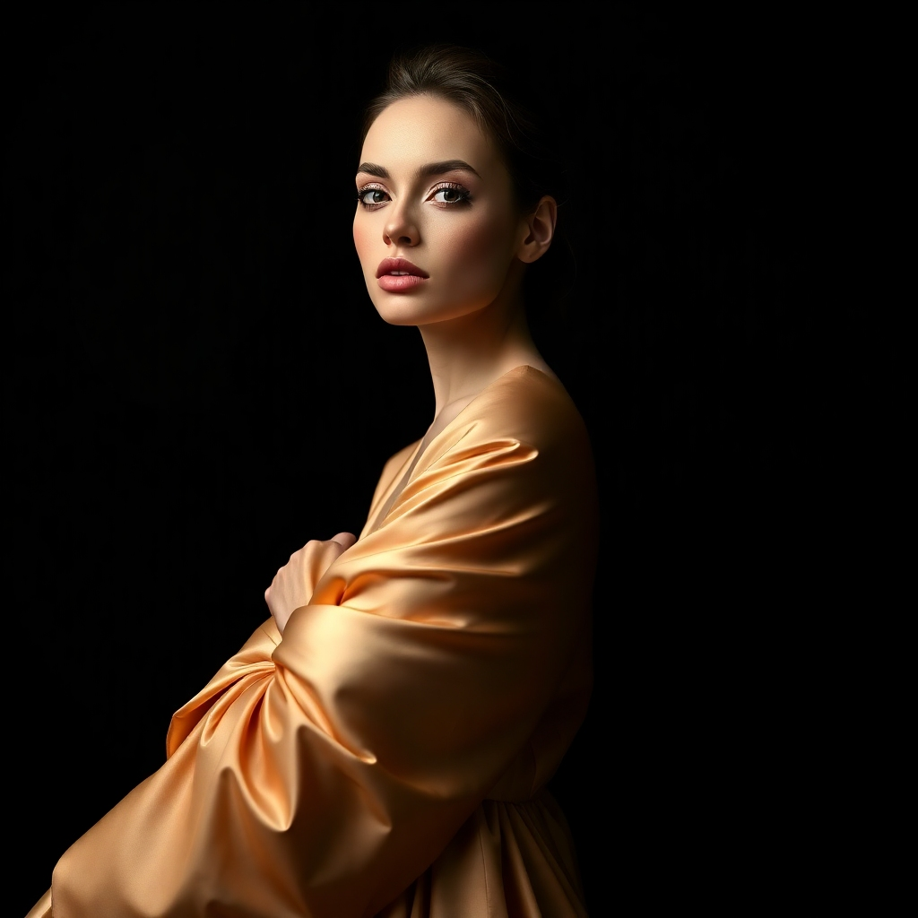 A beautifully styled fashion model, dressed in luxurious clothing, posing gracefully against a monochromatic black background. Elegant soft lighting should reflect off the fabric, creating a high-fashion editorial look that embodies sophistication and class.