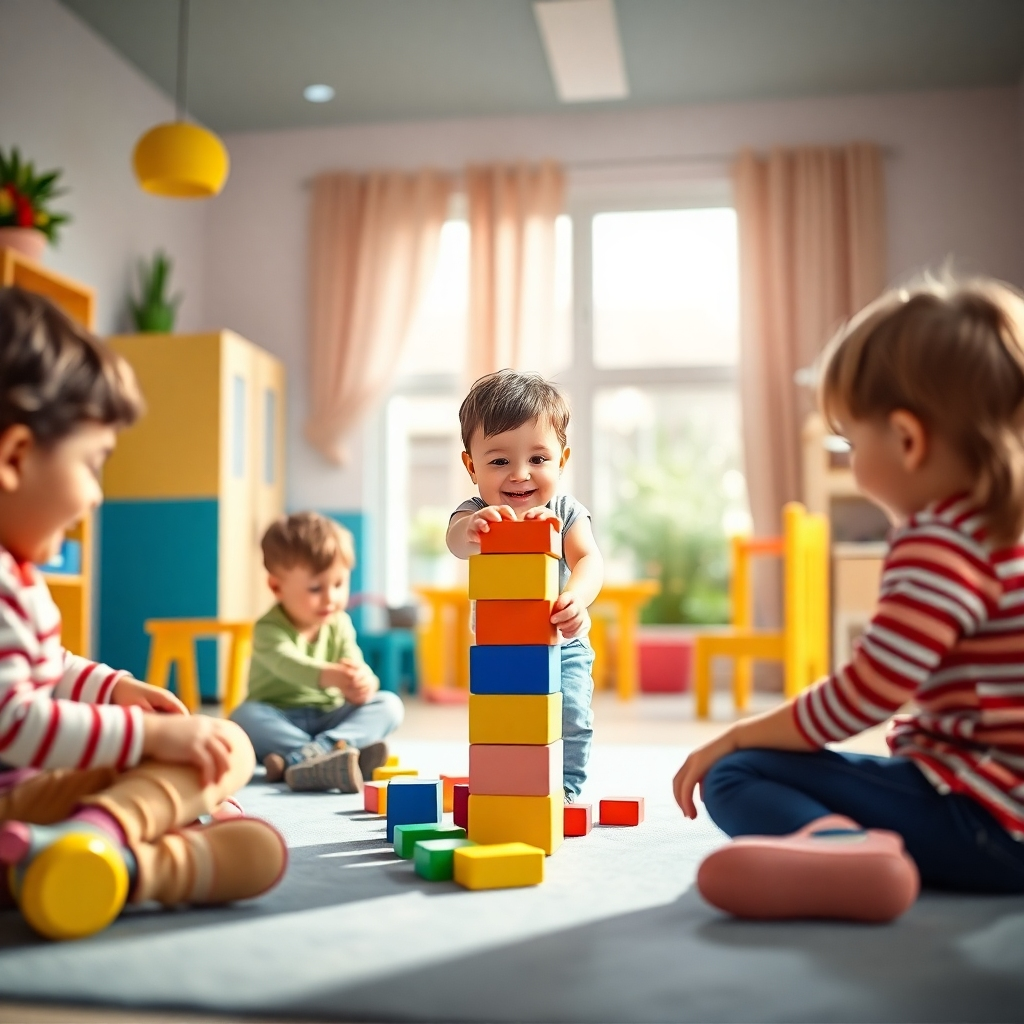 A bright and cheerful daycare setting with children playing happily. The scene is artistically composed using the rule of thirds, showcasing a child building a tower with blocks. Soft lighting enhances the joyful atmosphere.