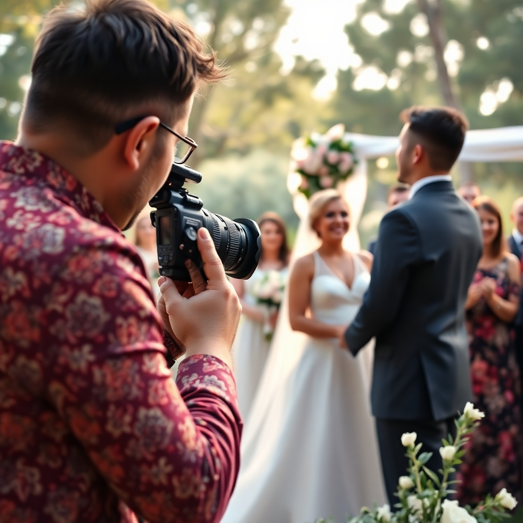 A candid moment of a photographer capturing an emotional scene at a wedding, with a beautiful outdoor setting, soft natural lighting, and guests expressing joy. The photographer is using a high-quality camera, focused on the couple exchanging vows, with an expressive background.