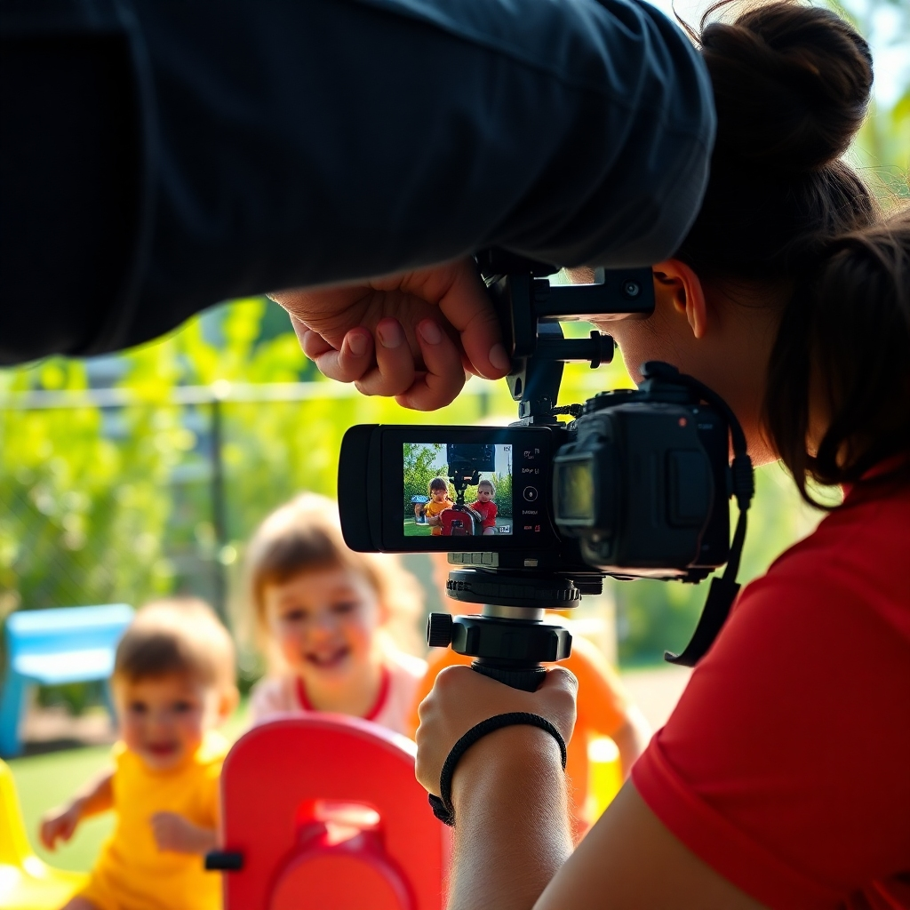A childcare worker carefully positioning a camera to photograph children playing outdoors in natural sunlight. The scene showcases bright, soft lighting illuminating the children's joyful faces, surrounded by colorful playground equipment, with vibrant greenery in the background.