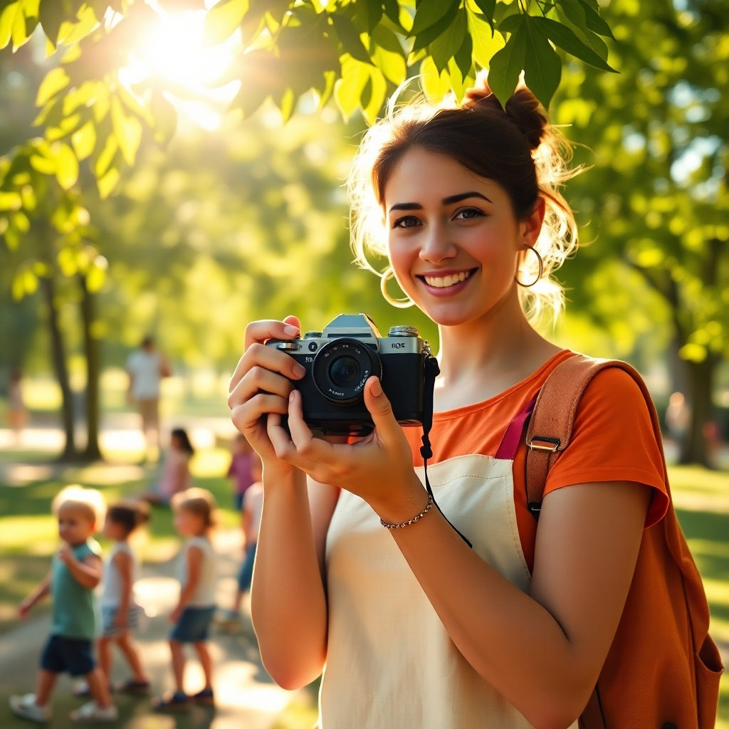 A childcare worker gently holding a camera, standing outside a sunny park. The sun shines through green leaves, casting soft shadows. Children freely play in the background. The scene is warm, inviting, and reflects a perfect balance of natural light.