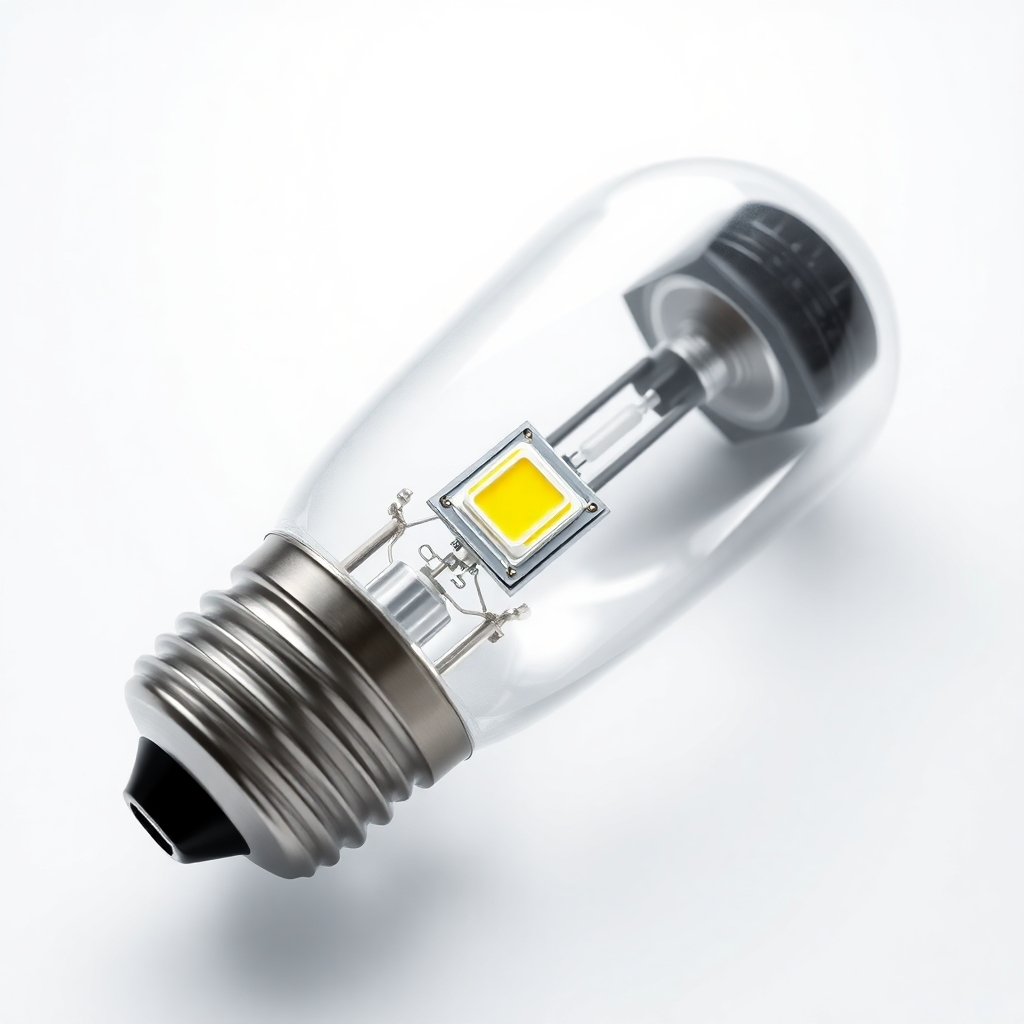 A close-up, photorealistic image of a high-quality LED bulb, showcasing its intricate internal components and robust construction.  The background should be a clean, minimalist white, allowing the bulb to be the focal point. The image should convey durability and advanced technology.  Lighting should highlight the LED chip's brilliance.