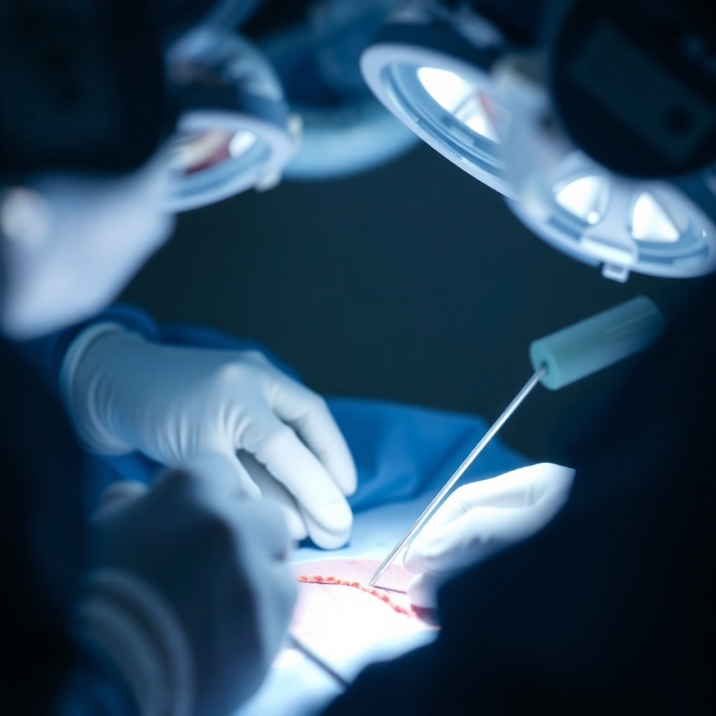 A close-up, photorealistic image of a surgical procedure in progress, focusing on the surgical field illuminated by several small, precisely positioned LED strobe lights. The image must highlight the precise lighting, the sterile environment, and the intricate details of the surgery.  The strobes should emit a cool, bright white light.
