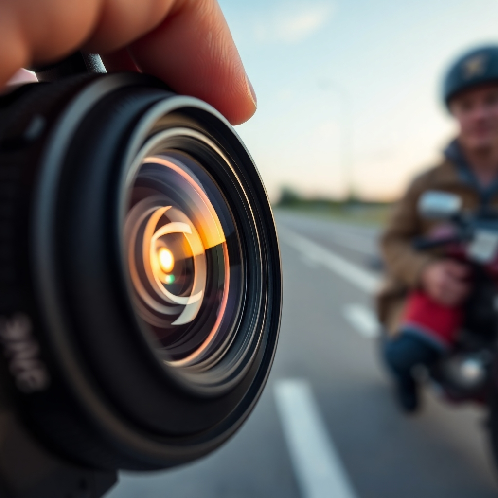A close-up of a camera lens and a photographer adjusting the manual focus dial. In the background, a clear image of a moving subject, demonstrating sharp focus. The setting is a dynamic outdoor scene showcasing motion.