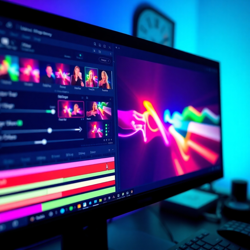 A close-up of a computer screen displaying vibrant strobe photography. The screen shows editing software with multiple color correction tools and sliders being adjusted, while a strobe-lit image captures attention with vivid colors and high contrast.