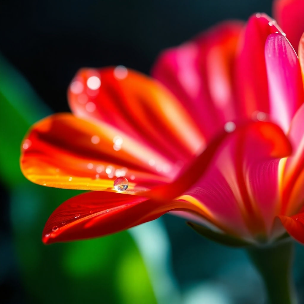 A close-up of a flower under strobe lighting, showcasing its vivid colors and intricate textures. The background is softly blurred to emphasize the flower's brightness and the subtle shine of water droplets, creating a magical and vibrant atmosphere.