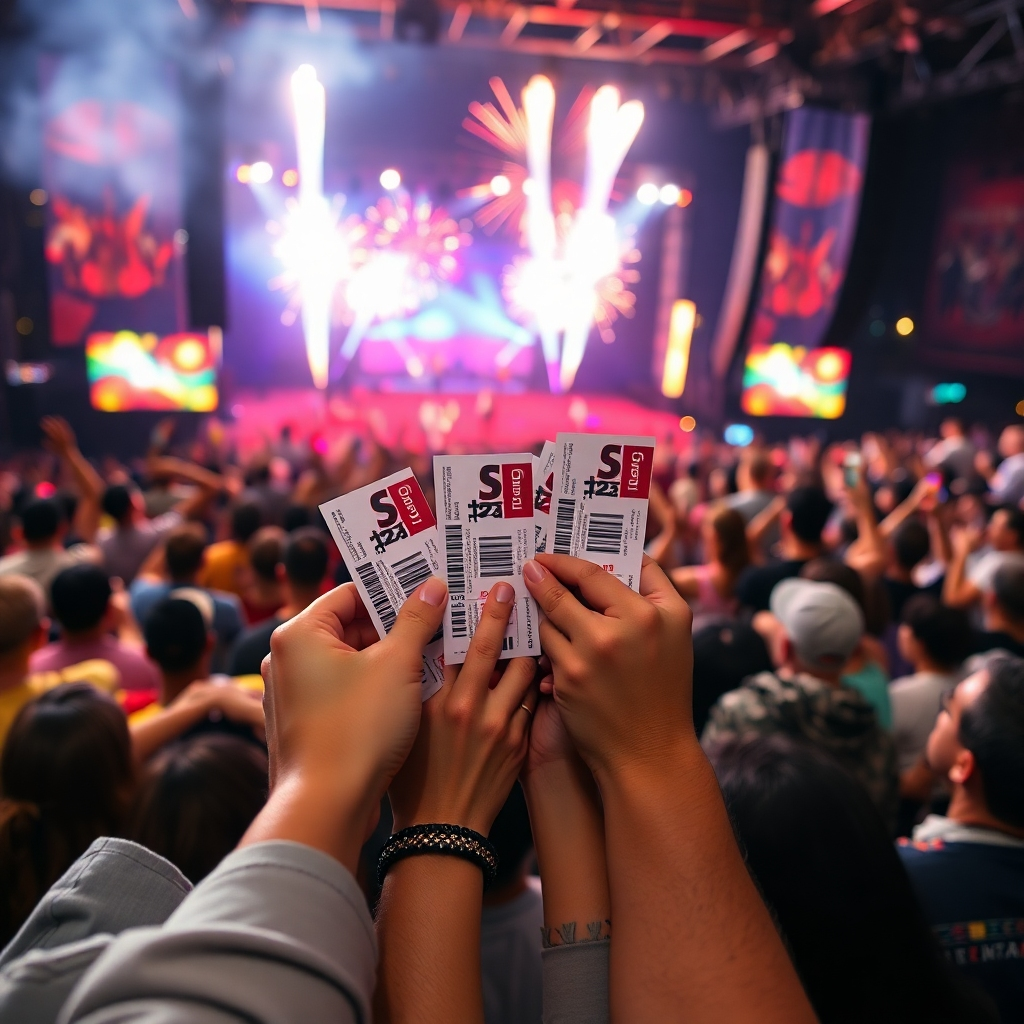 A close-up of diverse hands holding concert tickets intermingled. Behind, a vibrant crowd at a concert with bright lights and fireworks, showcasing community and connection through music.