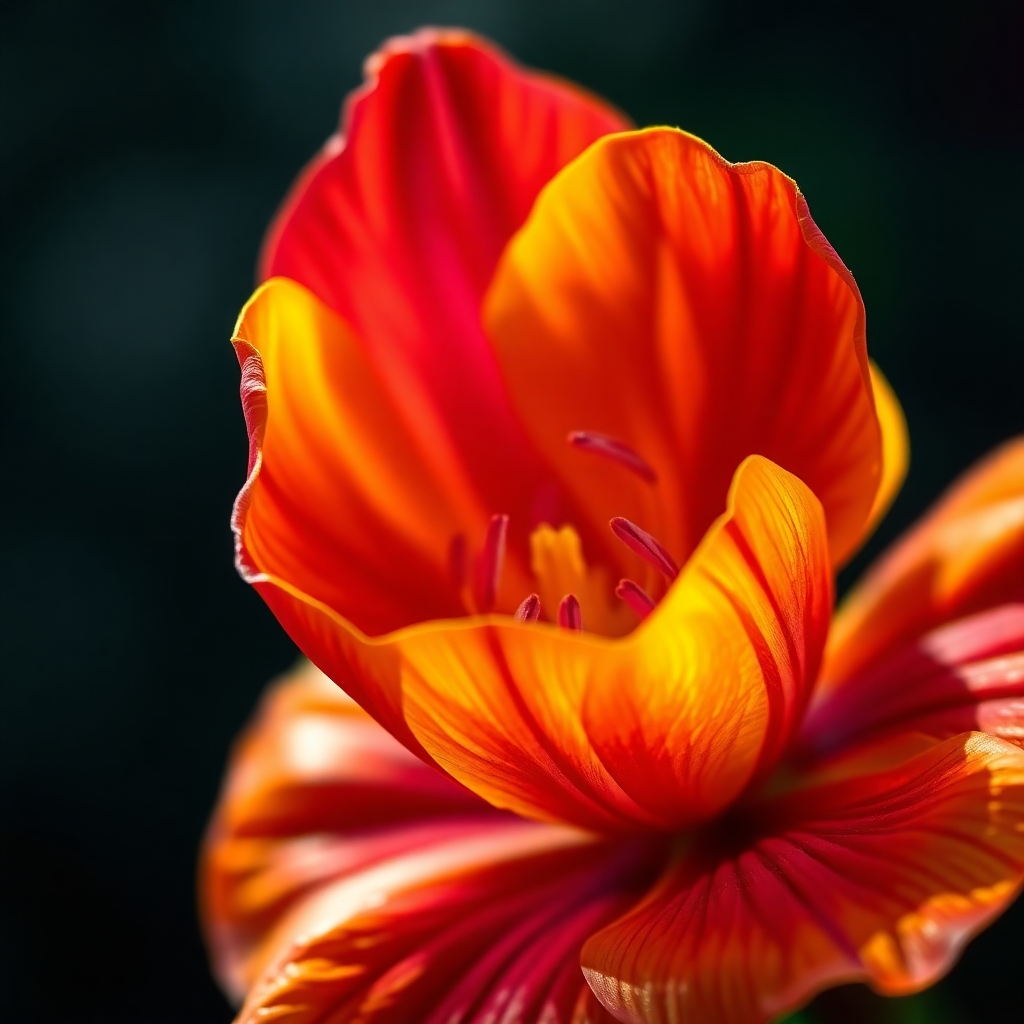 A close-up photograph of a vibrant flower with deep colors, captured under strobe lighting. The petals should show intricate details and a glossy finish, while the background is softly blurred. The lighting should highlight the textures and natural colors vividly.