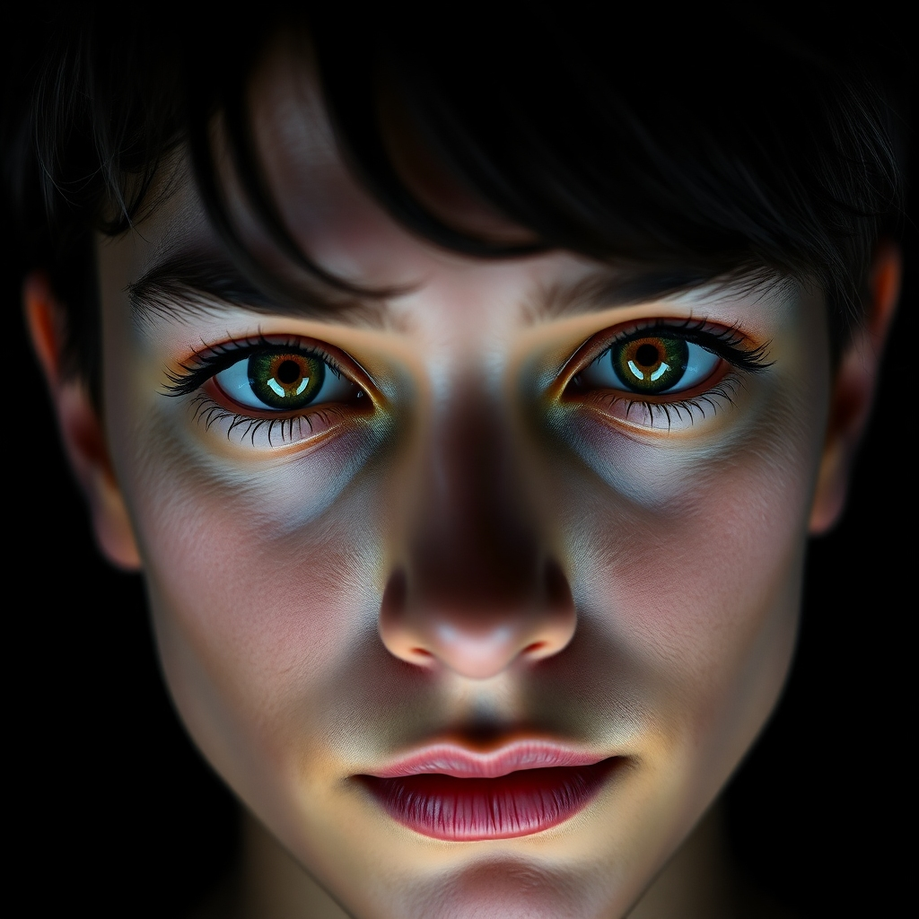 A close-up portrait of a person with captivating eyes, set against a smooth black background. The lighting should emphasize the person's facial features and expressions, creating a stark contrast that enhances emotional depth and detail.