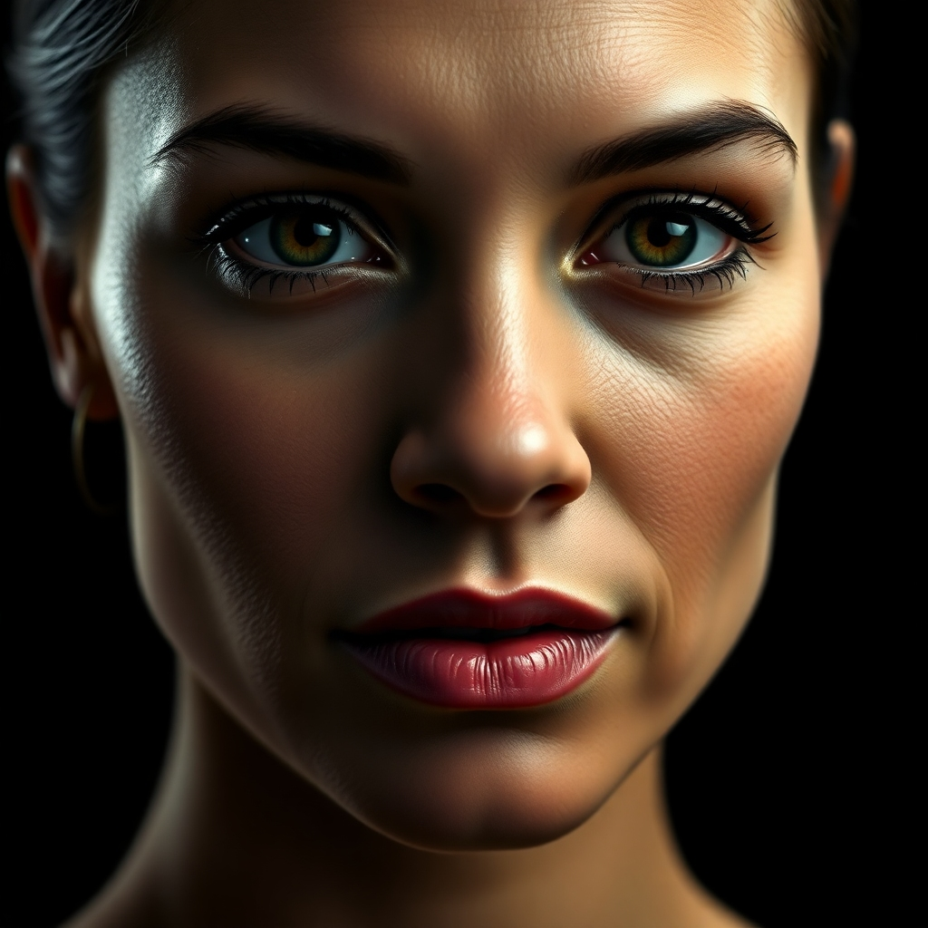 A close-up portrait of a strong, confident woman with deep-set eyes, against a solid black background. The lighting should create dramatic highlights and shadows, emphasizing her facial features and expressions, showcasing strength and resilience.
