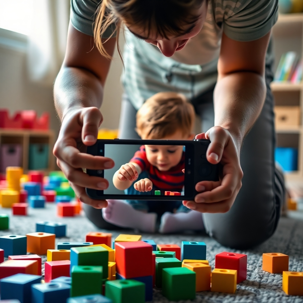 A close-up shot of a childcare worker kneeling down to photograph a child playing with blocks. The image showcases the worker's perspective, framing the child according to the rule of thirds. Colorful blocks are scattered, enhancing the playful atmosphere.