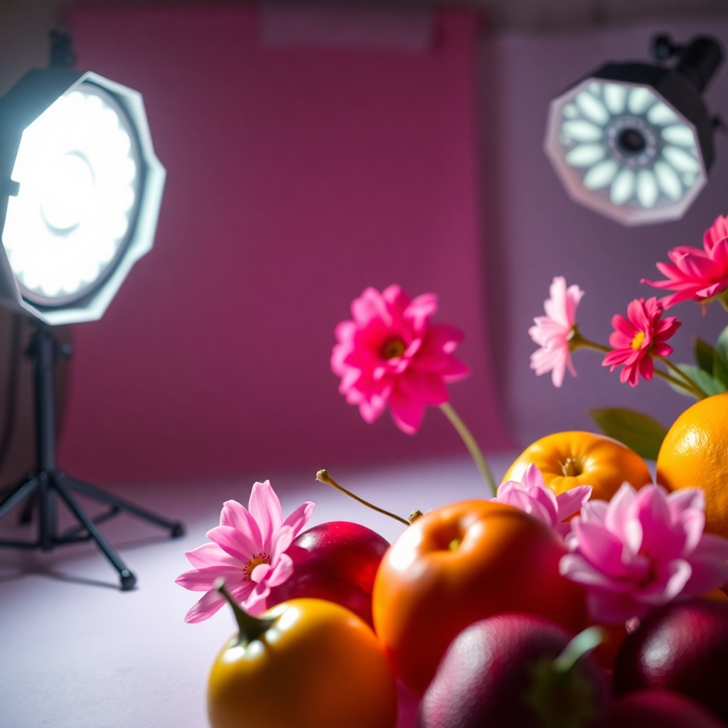 A close-up shot of a photography studio with a strobe light set up, illuminating vibrant and accurately colored objects like fruits and flowers. The scene should showcase the sharp contrast between the vivid colors and textures, capturing the essence of authentic color reproduction.