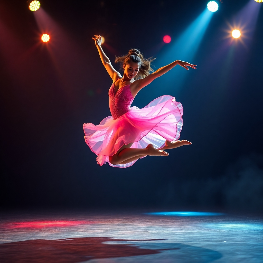 A dancer in mid-leap captured with strobe lights, showcasing her flowing costume and expressive motion. The background features colorful lights that enhance the movement, creating an atmosphere of energy and vibrancy as colors blend in the air.