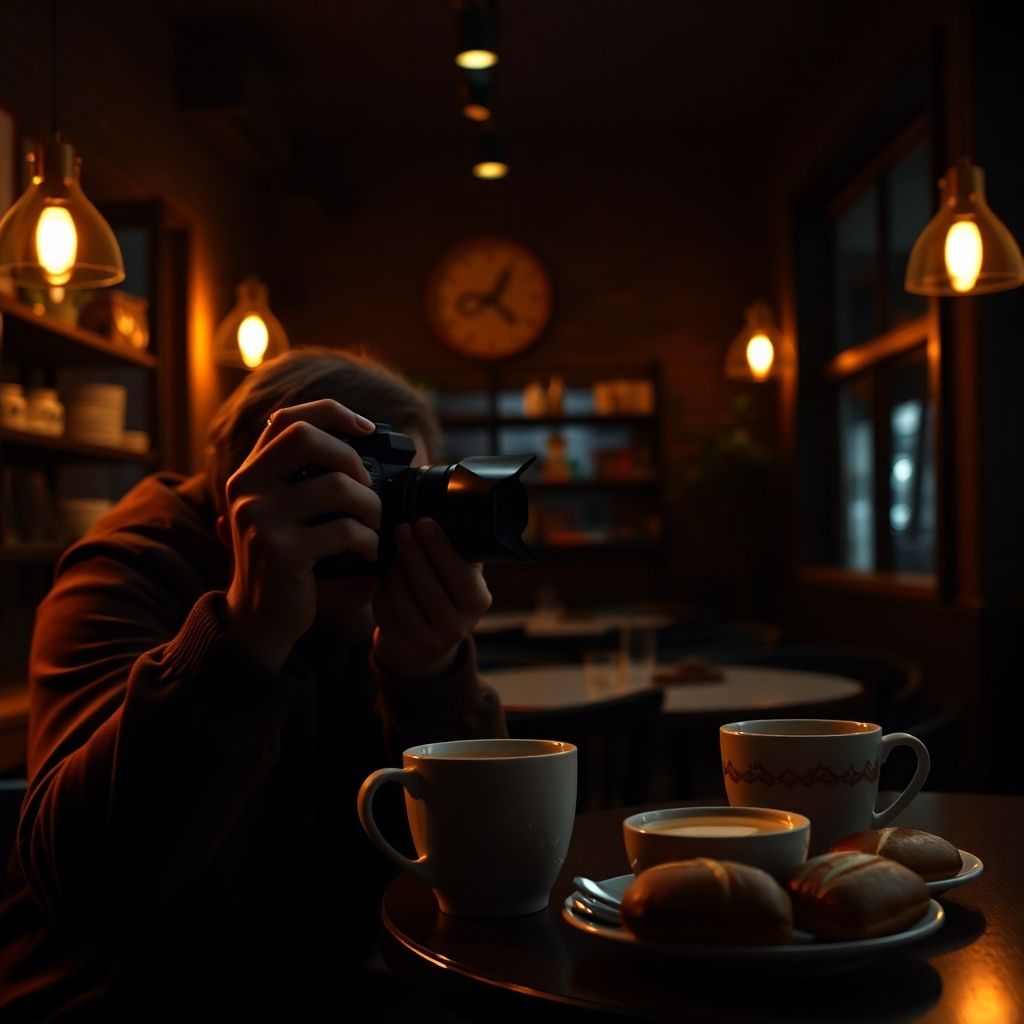 A dark scene inside a cozy café illuminated by soft golden lights. A photographer is adjusting their camera settings in the foreground, while beautiful, well-lit subjects, like coffee cups and pastries, are in clear focus against the dark background, showcasing the low light challenge and solution.