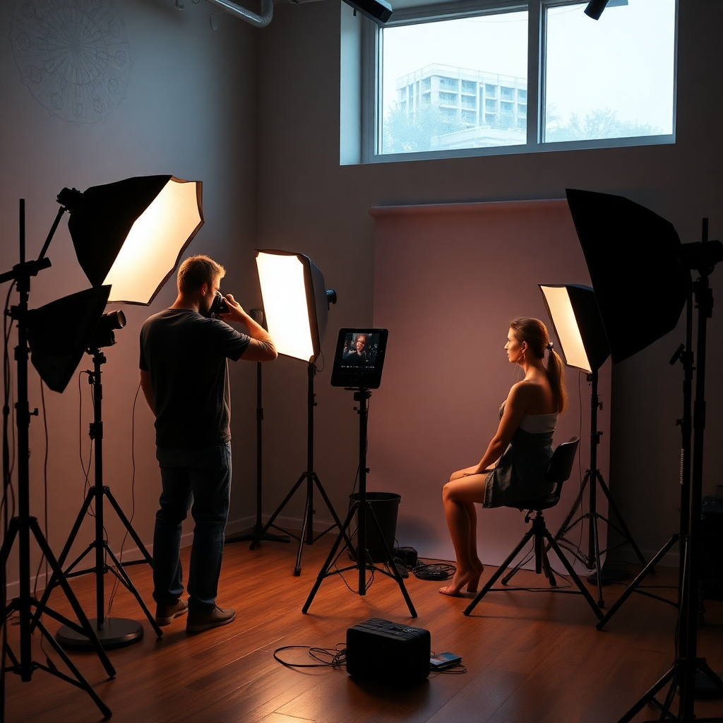 A detailed, photorealistic image of a studio setup for photography, featuring softboxes, reflectors, and natural light coming through a window. The scene captures a photographer adjusting their lighting equipment, with examples of various lighting effects on a model.