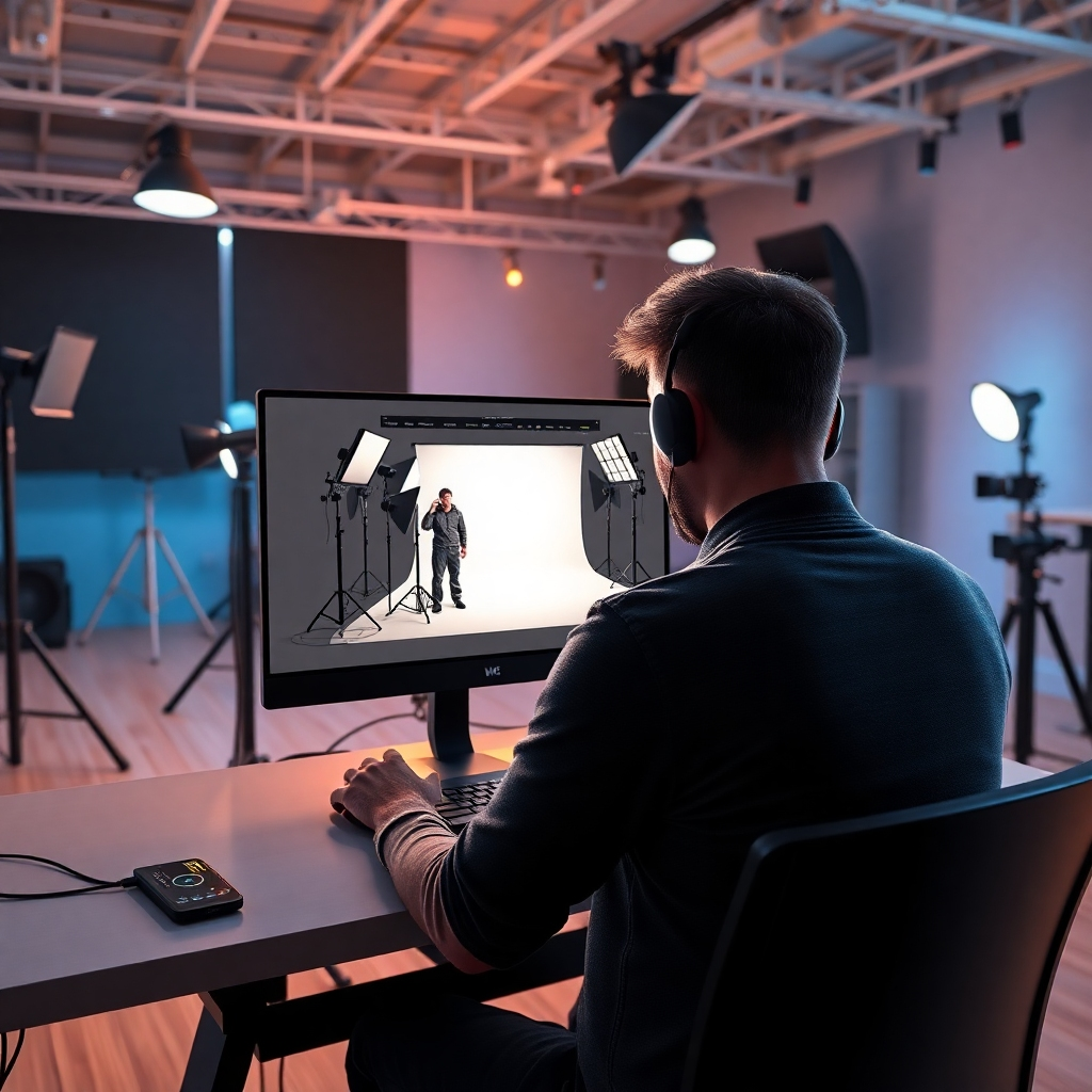 A digital illustration of a photographer using strobe lighting simulation software on a computer in a well-organized studio. The computer screen shows a 3D model of a photoshoot with adjustable lights, and the studio has various camera equipment and lighting gear in the background.