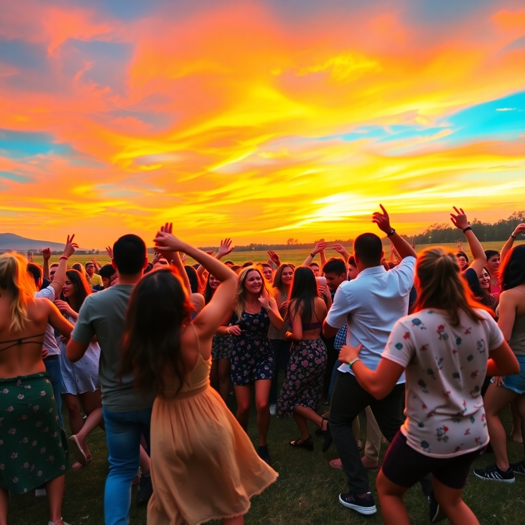 A dynamic dance party in an open field under a colorful sunset. People of various backgrounds groove together, radiating happiness, with vibrant colors in the sky reflecting their joyful vibes.