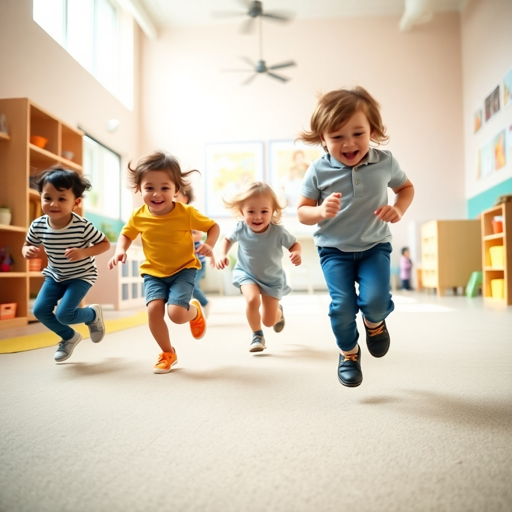A dynamic moment in a daycare where children are running and playing tag. The image shows one child in sharp focus leaping, with a slight motion blur on the others, conveying energy and excitement amidst bright surroundings.