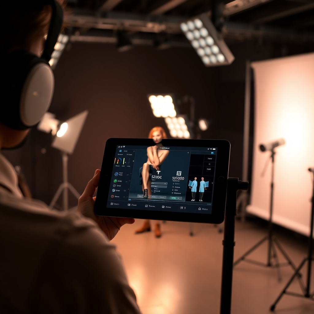 A dynamic scene of a photographer in a studio, using a tablet to monitor and adjust strobe lighting settings in real-time. Visual indicators on the tablet screen show changes in lighting, with a model posing in front of varied lighting setups, capturing the immediacy and effectiveness of the adjustments.