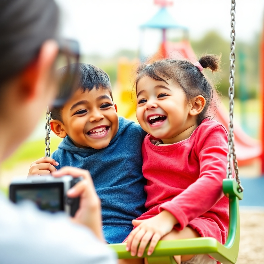 A heartfelt scene of two children laughing together on a swing. The childcare worker, partially in view, captures their joy with a camera. The background features a bright playground, reinforcing the emotions of happiness and friendship.