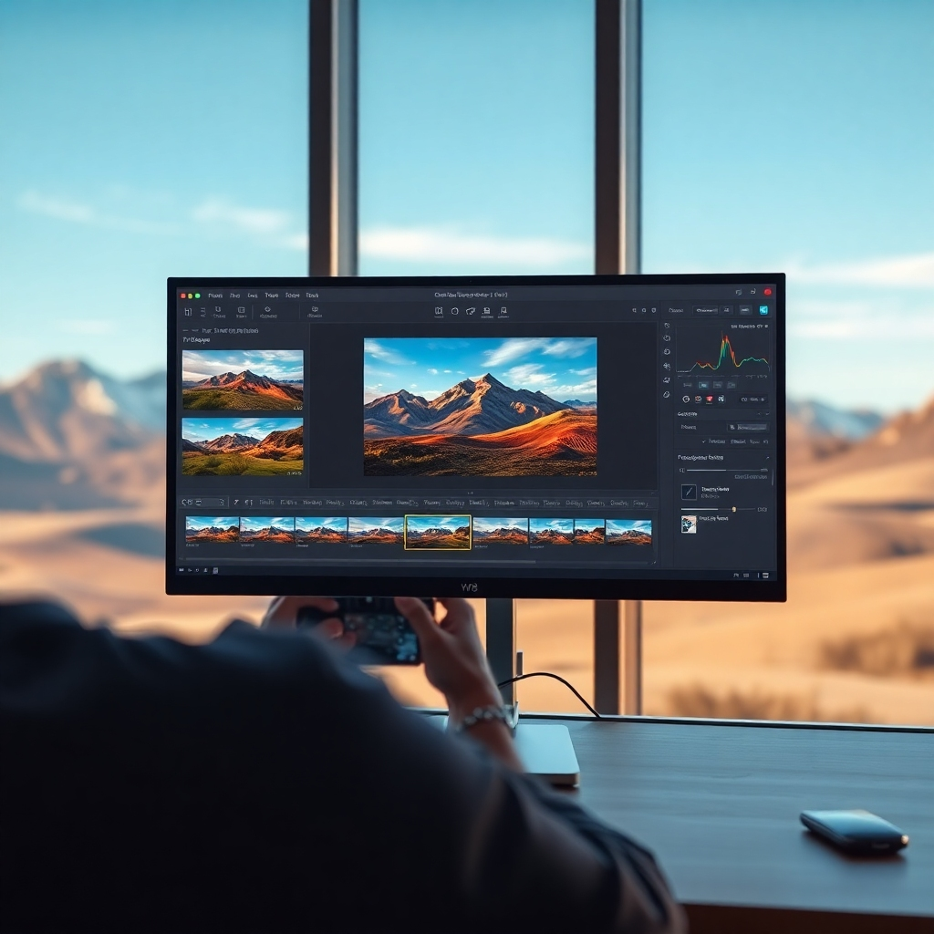 A high-quality, photorealistic image of a computer screen displaying an open photo editing software interface with vivid images in the editing process. The scene shows a photographer in the background, focused on enhancing a stunning landscape photograph, with various editing tools visible.