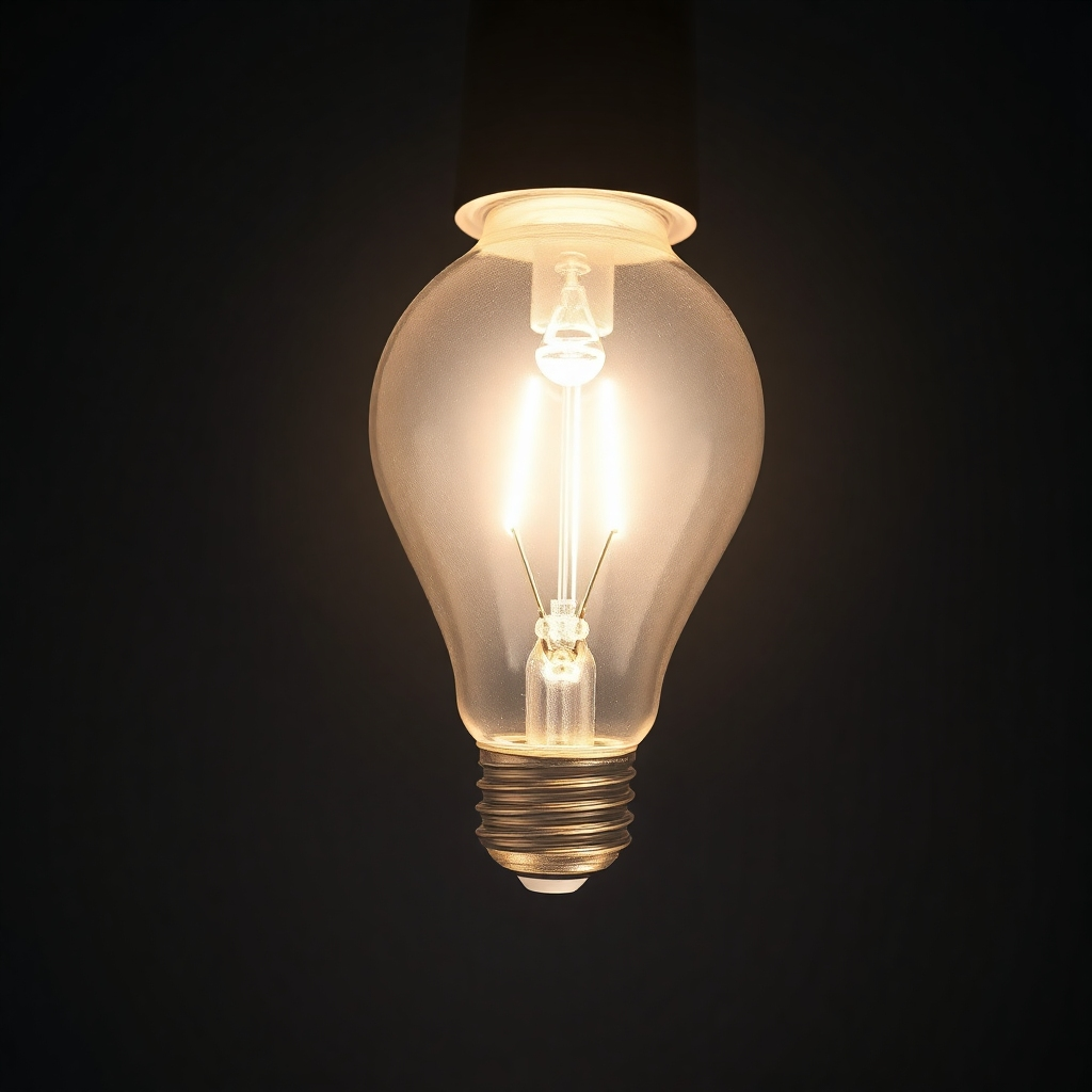 A high-resolution close-up shot of an LED bulb emitting a bright, warm white light, showcasing its intricate internal components and clean design. The background should be a soft, dark gray, and the image should have a shallow depth of field, focusing sharply on the bulb. The lighting should highlight the luminosity and the color temperature of the LED light.