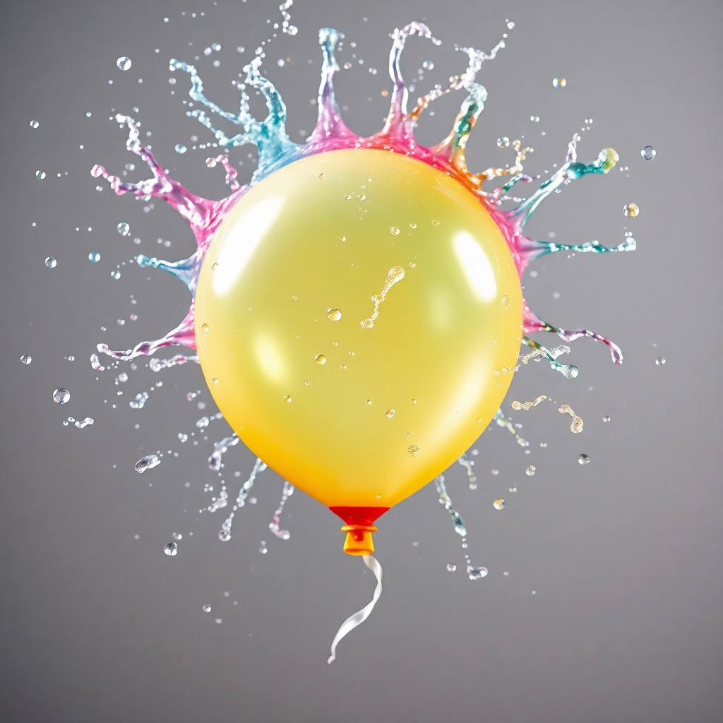 A high-speed image of a water balloon bursting in mid-air, captured with strobe lights. The image should show vivid splashes of water in multiple colors, with frozen droplets suspended in air. The background is a neutral tone to emphasize the brilliance of the water's colors.